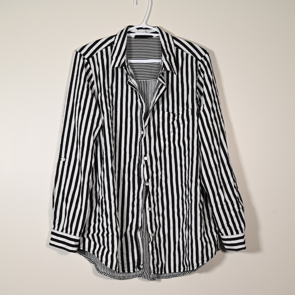 Jane And Delancey Striped Button Down Shirt L Black White